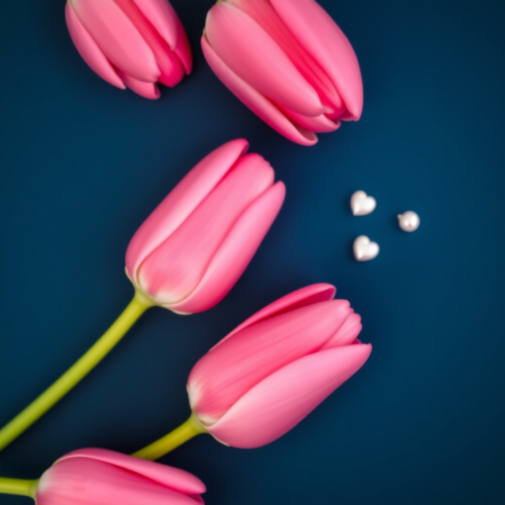 A top-down view composition featuring three pink tulips on one side, along with two small hearts and three tiny pearls, all set against a dark blue background
