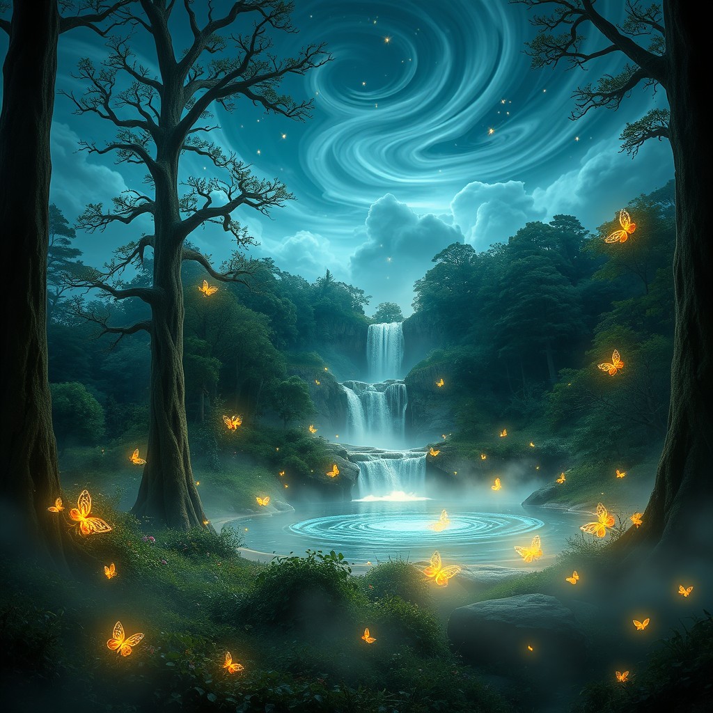 A mystical landscape featuring a serene forest illuminated by ethereal light, with ancient, towering trees that have vibrant, bioluminescent flowers