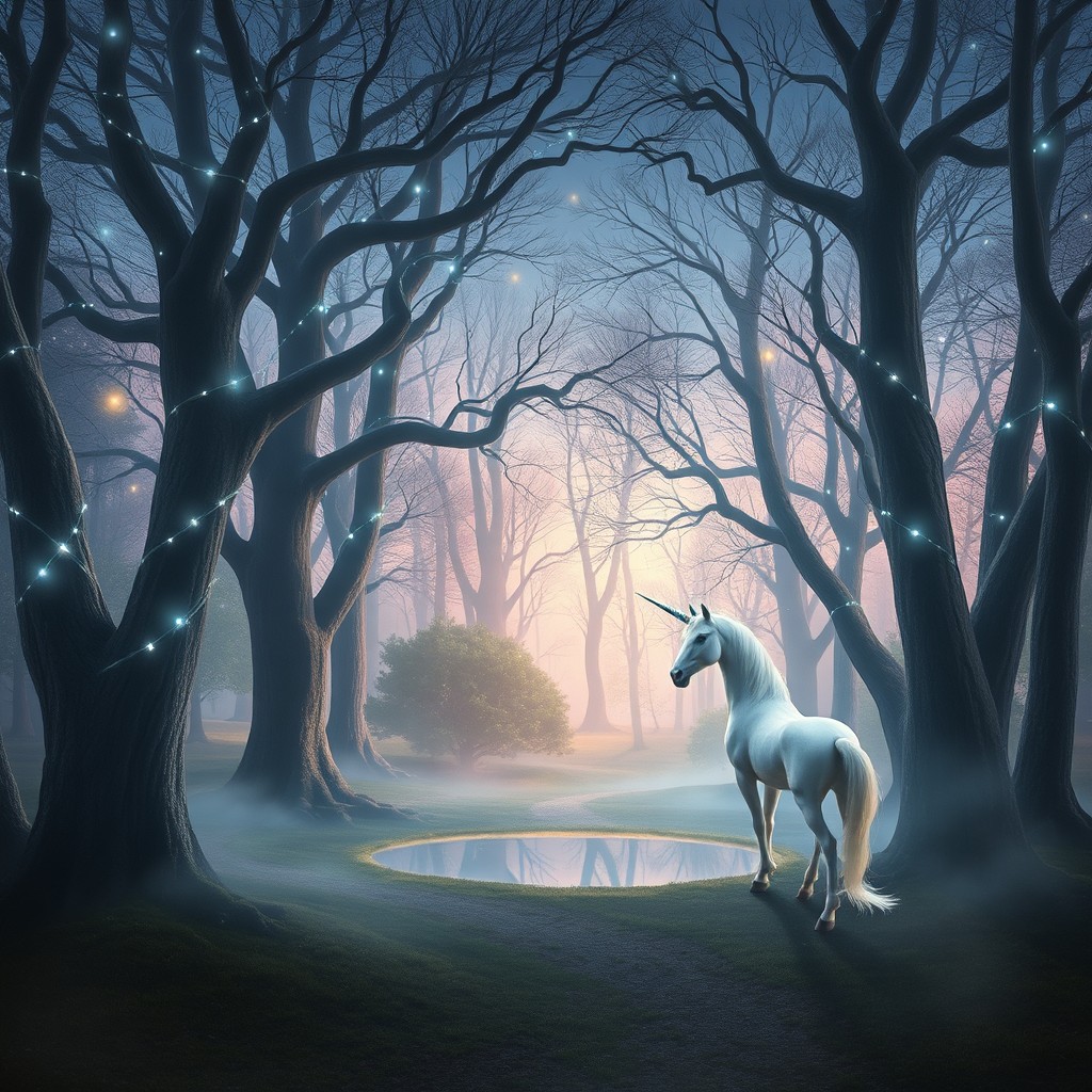 A mystical and enchanting scene featuring a serene forest bathed in soft twilight