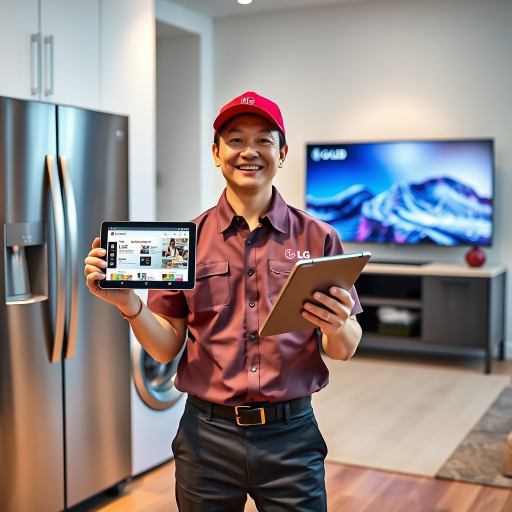 A dedicated worker, proudly showcasing a variety of LG products in a modern and vibrant setting