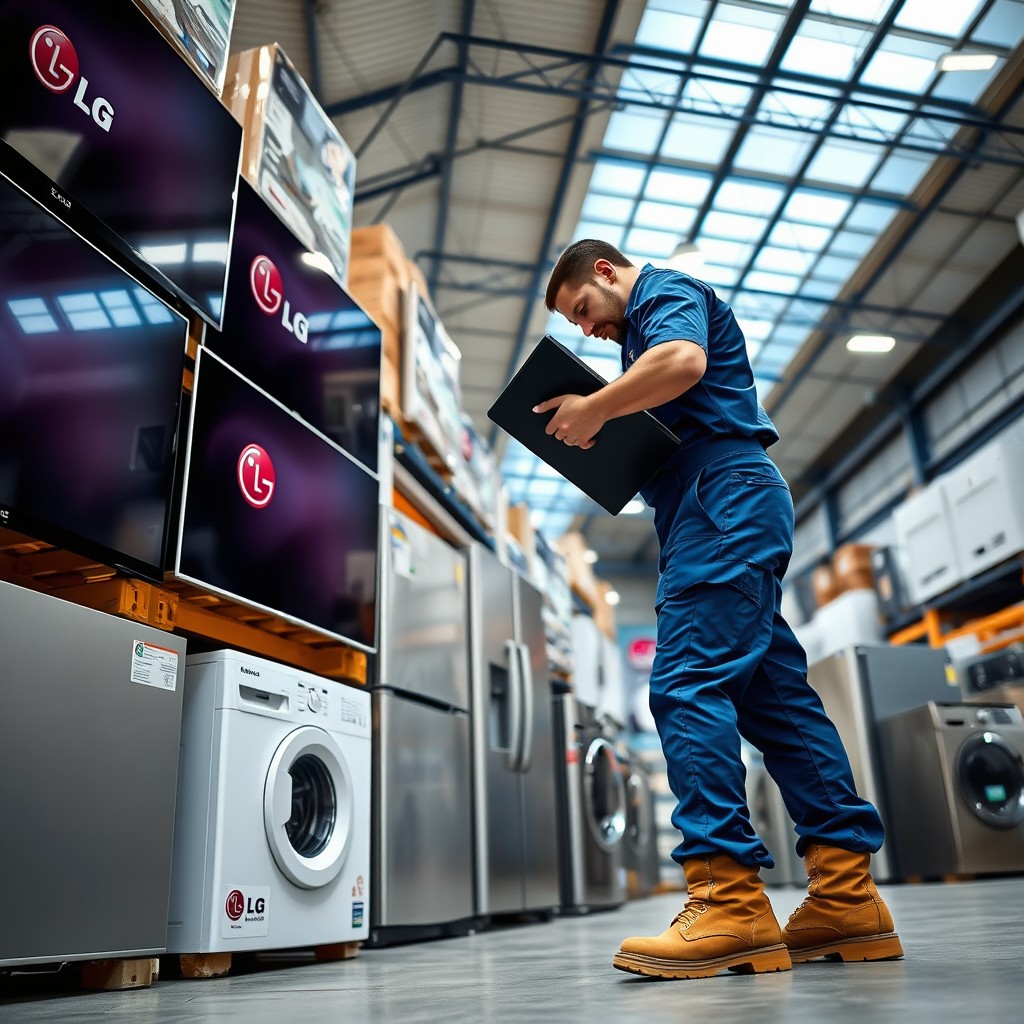 A diligent warehouse worker skillfully organizing LG products in a vibrant, well-lit warehouse setting