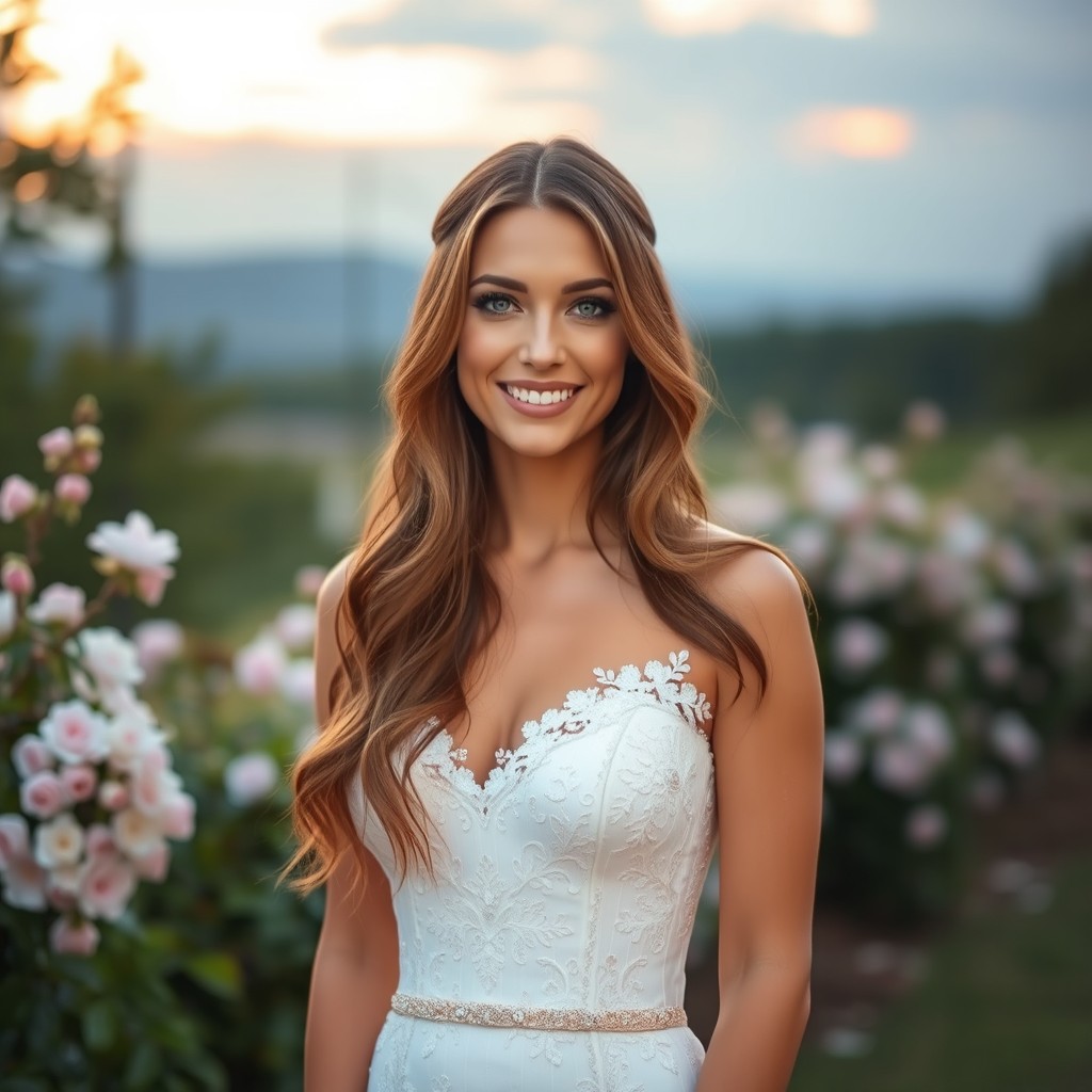 A beautiful woman with long flowing brown hair and sparkling green eyes, wearing an elegant white wedding dress adorned with lace details