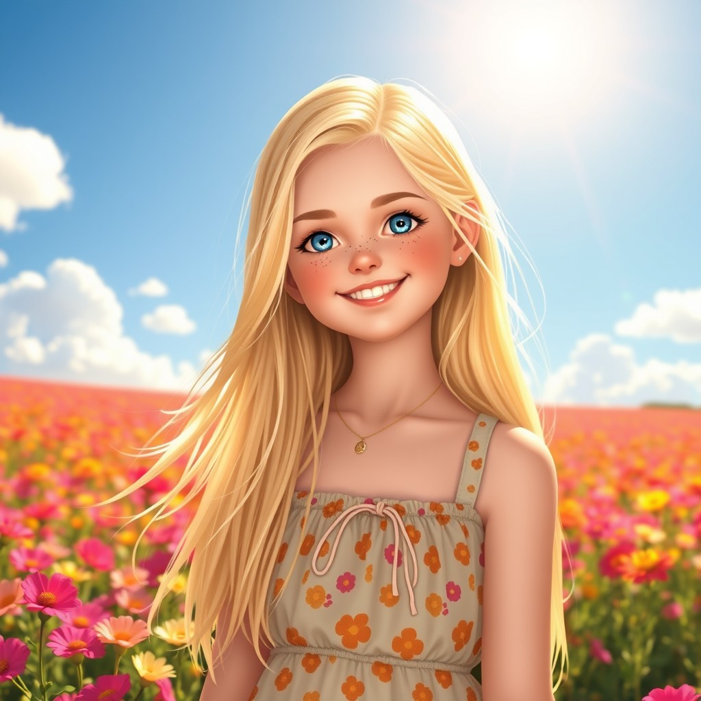 A stunning blonde girl with long, flowing hair, wearing a stylish summer outfit, smiling brightly as she stands in a vibrant flower field
