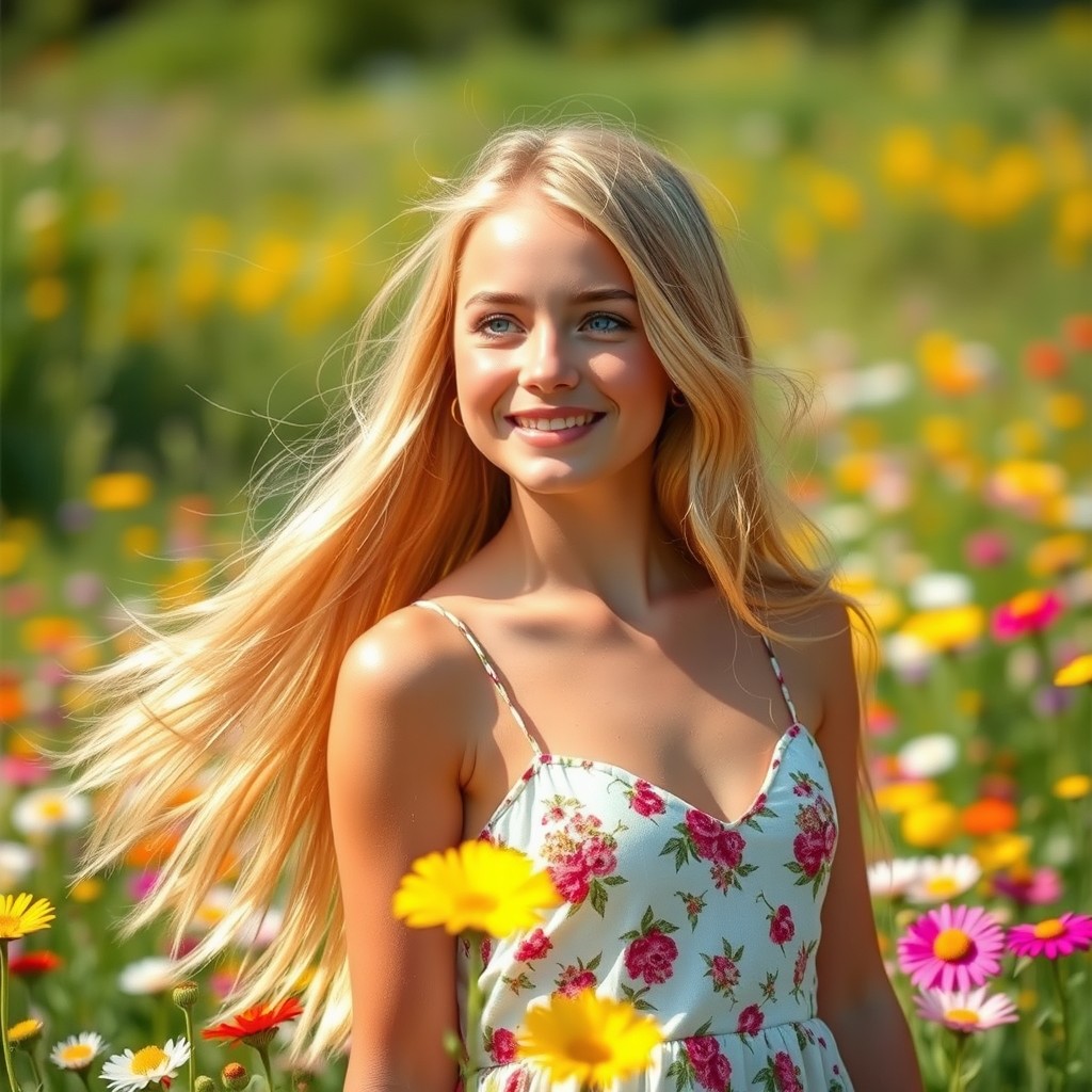 A beautiful young woman with long, flowing blonde hair, radiant skin, and striking blue eyes
