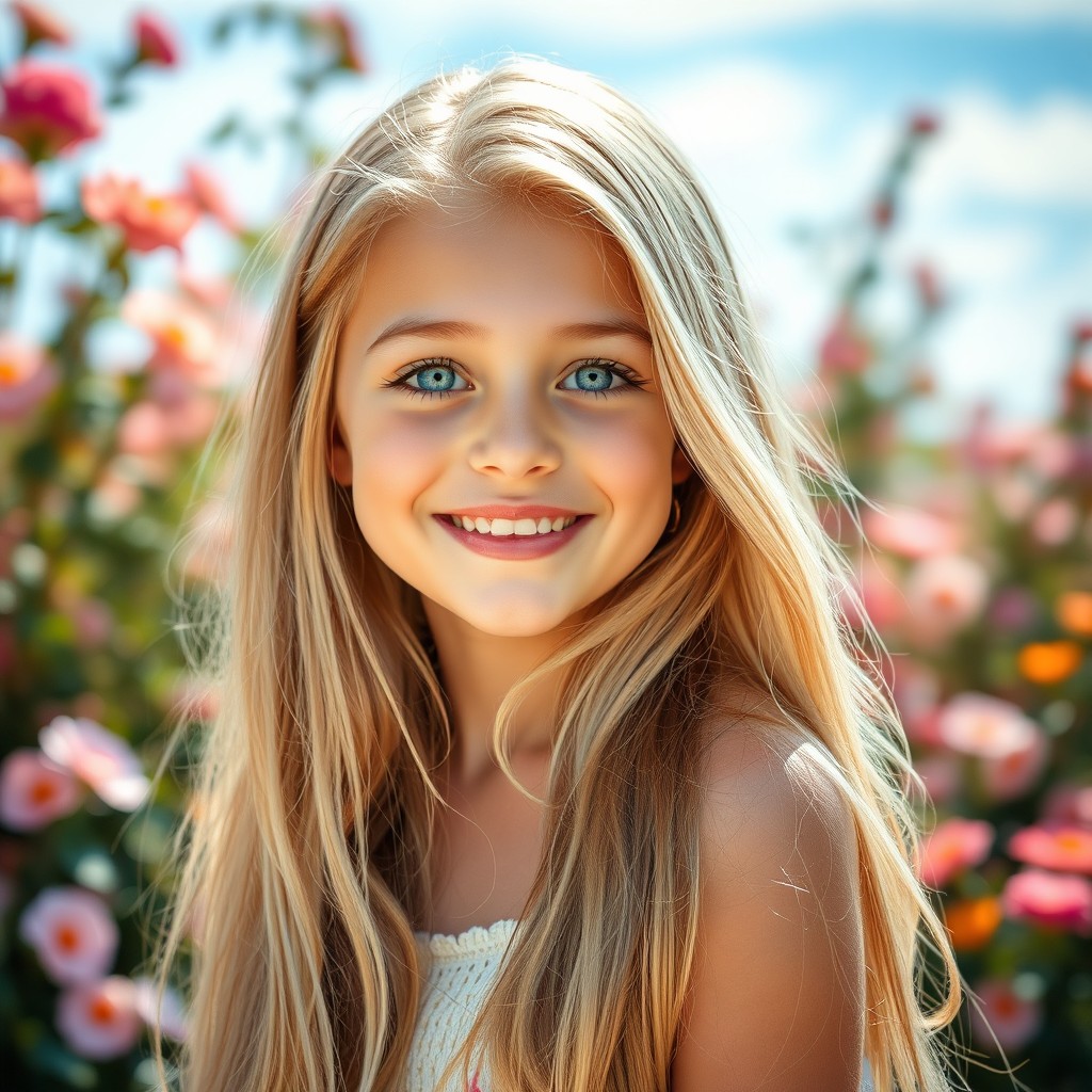 A stunning portrait of a beautiful blonde girl with long, flowing hair that cascades around her shoulders