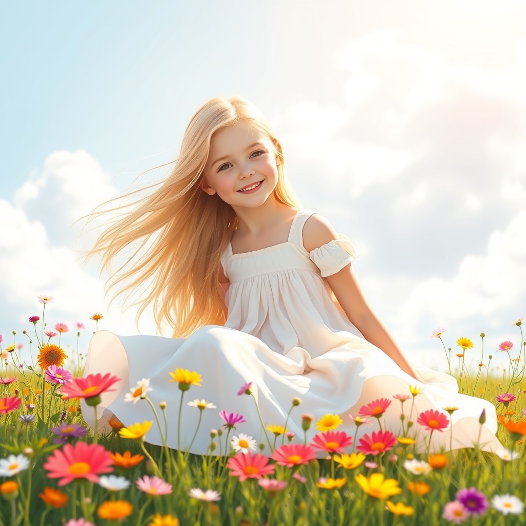 A beautiful blonde girl with long flowing hair, smiling gently as she sits in a sunlit field of wildflowers