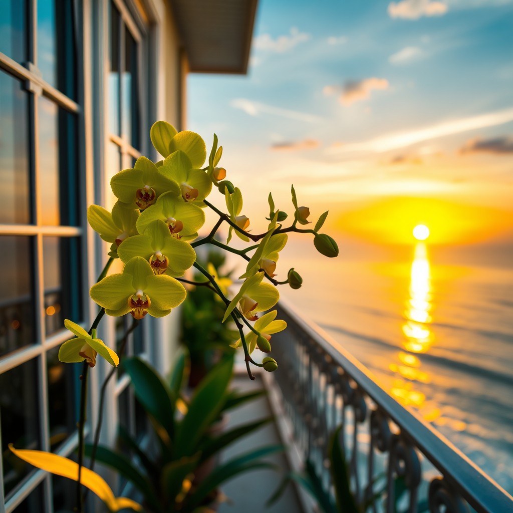 A breathtaking scene of beautiful green orchid flowers blooming on a window balcony
