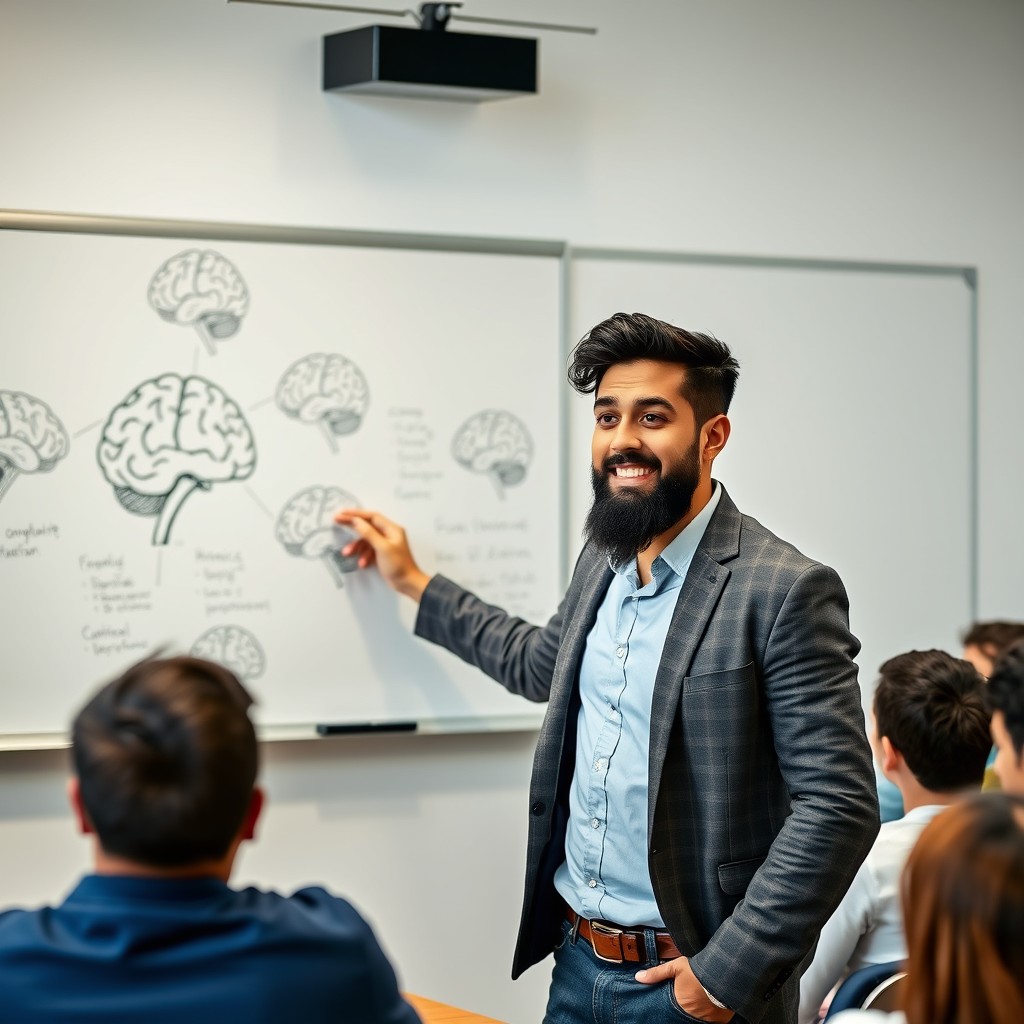 A young Mexican professor with a well-groomed beard, enthusiastically teaching a brain anatomy class