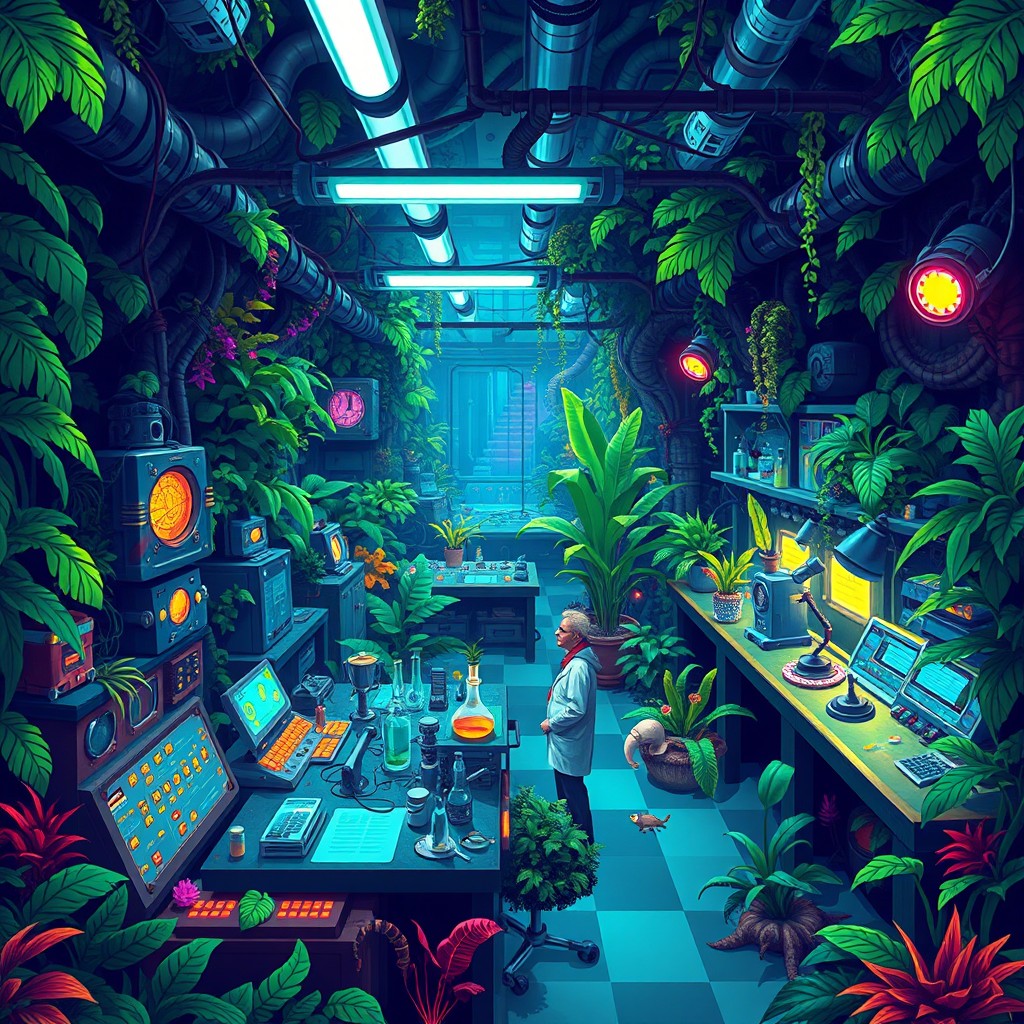 A detailed pixel art scene depicting an underground jungle laboratory filled with vibrant, lush vegetation intermingled with high-tech scientific equipment