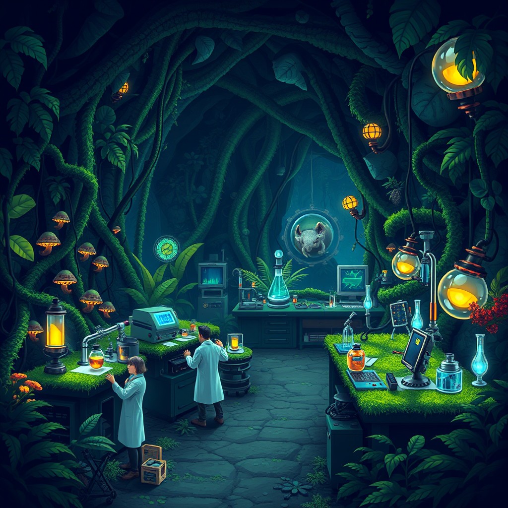 A pixel art style underground jungle laboratory, featuring lush greenery with vines and tropical plants, illuminated by bioluminescent fungi and glowing scientific instruments