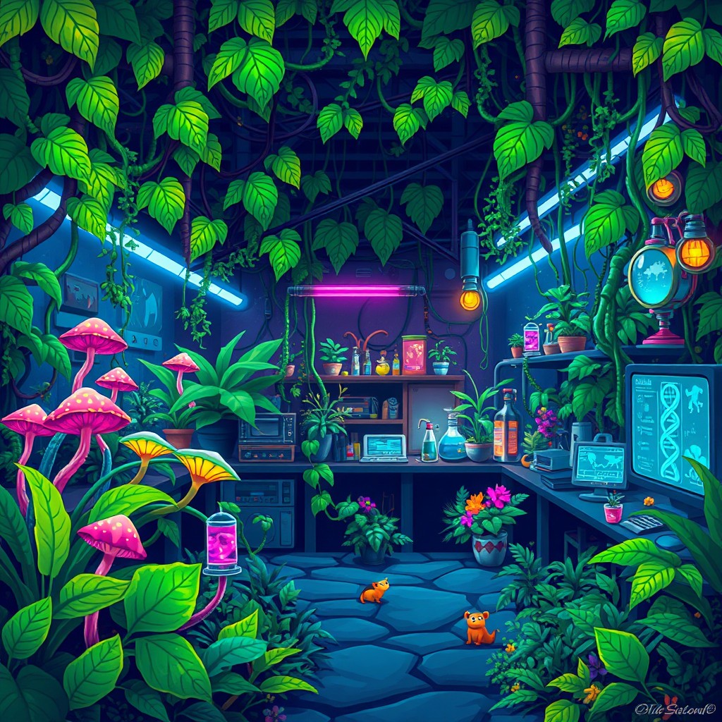 A vibrant, pixel art style underground jungle lab filled with lush greenery and exotic plants