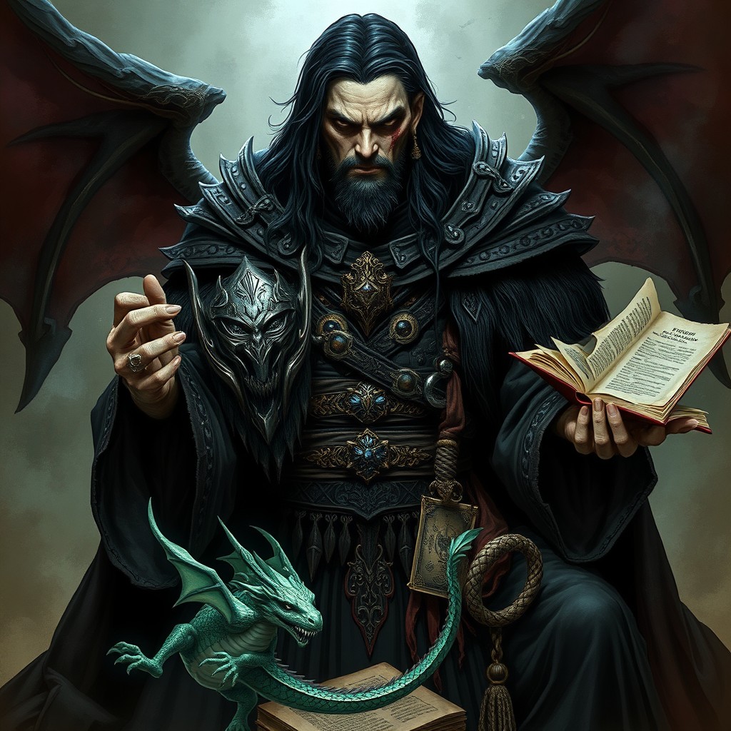 A powerful wizard named Manshoon, depicted as a dark and brooding figure in heavy, layered dark robes