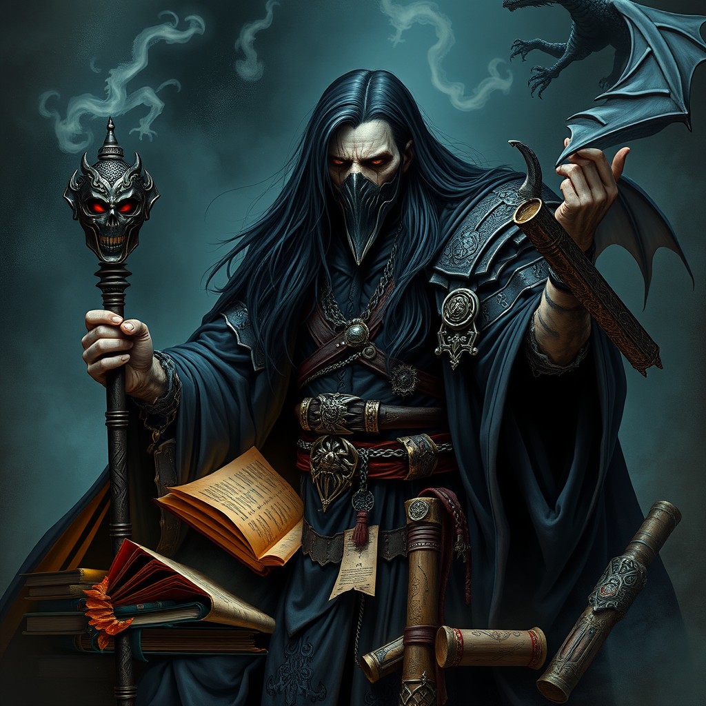 A powerful wizard named Manshoon, leader of the Zhentarim, depicted in a dark atmospheric setting