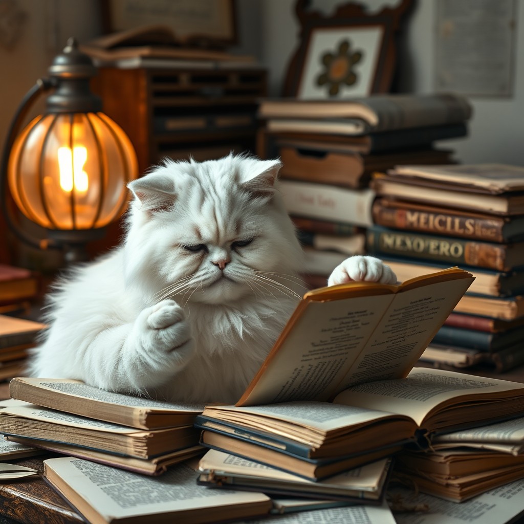 A sleepless white Persian cat with dark circles under its eyes is humorously holding a steaming cup of coffee in one paw while intently reading an old anatomy book at a cluttered desk