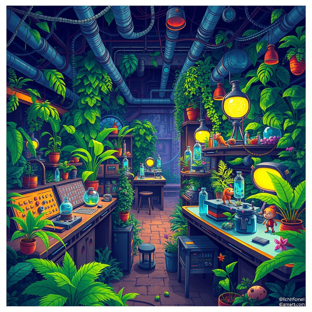 A detailed pixel art scene depicting an underground jungle laboratory filled with vibrant, lush vegetation intermingled with high-tech scientific equipment