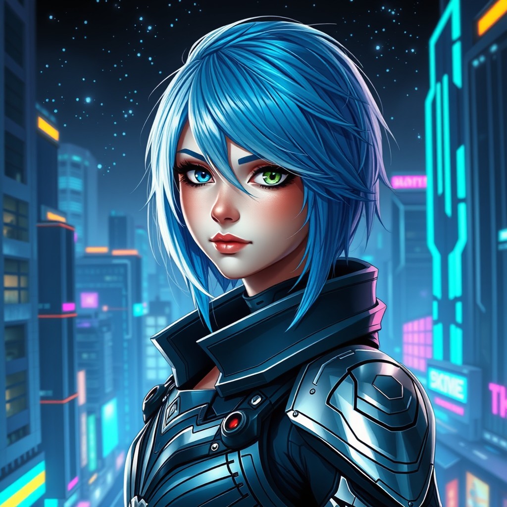 A stunning portrait of Luka Crosseria, featuring dynamic blue and silver hair that glimmers in the light