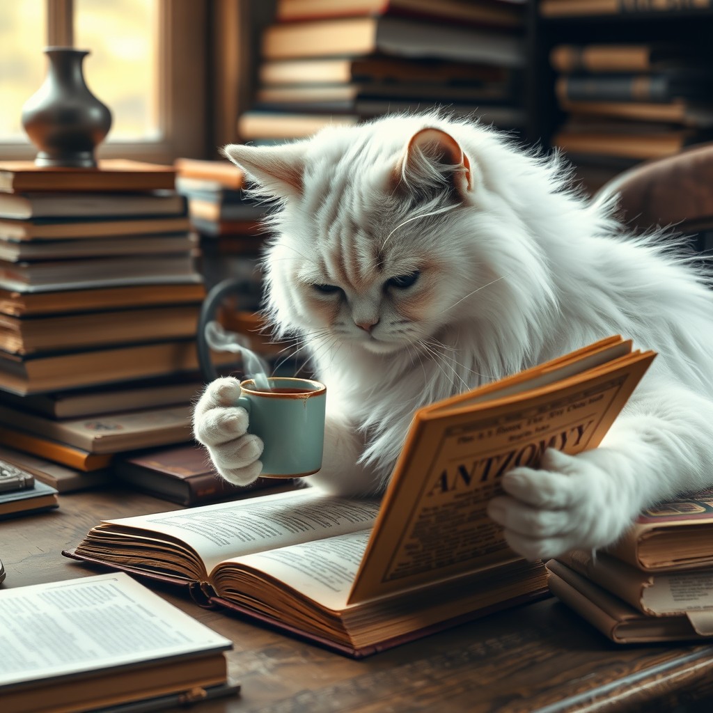 A sleepless white Persian cat with fluffy fur and deep dark circles under its eyes, holding a steaming cup of coffee in one paw while intently reading an old, well-worn anatomy book at a wooden desk