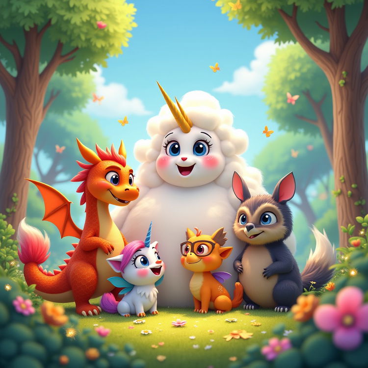 A vibrant scene depicting a diverse group of animated friends consisting of various fantastical creatures