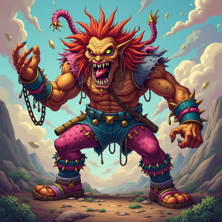 A chaotic, vibrant character in the style of Bzerk, featuring exaggerated muscular features, expressive facial expressions, and a wild outfit composed of mismatched colors and patterns