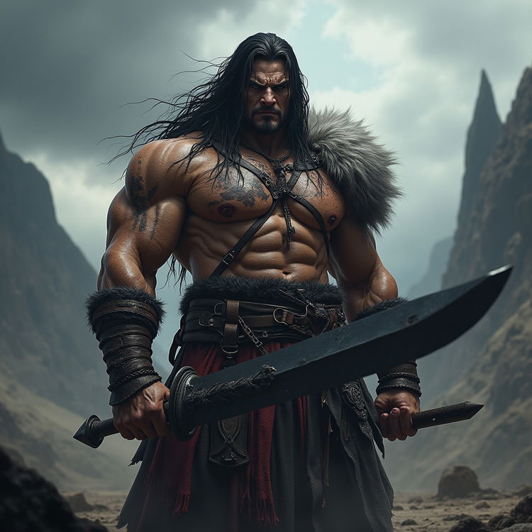 A character inspired by the dark, gritty style of 'Berserk', featuring a muscular warrior with a heavily scarred visage, intense expression, and long, wild hair