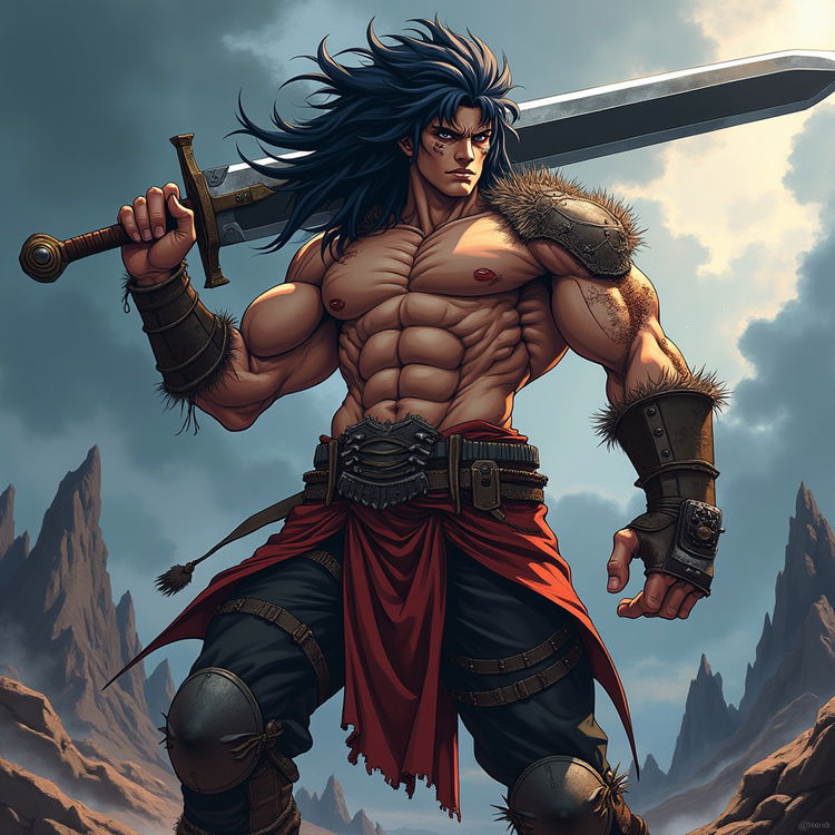 An anime-style character inspired by 'Berserk', featuring a muscular warrior with a heavily scarred face, intense expression, and long, wild hair