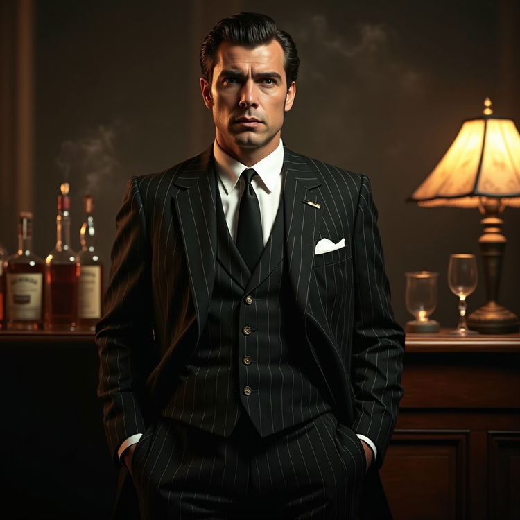A 1960s style mafia mobster standing confidently in a dimly lit room