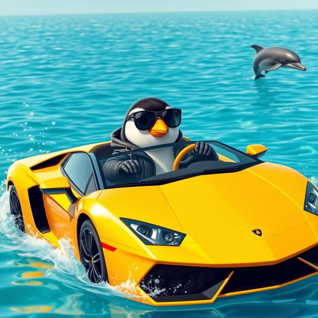 A whimsical scene featuring a cool penguin driving a stylish Lamborghini in clear blue water