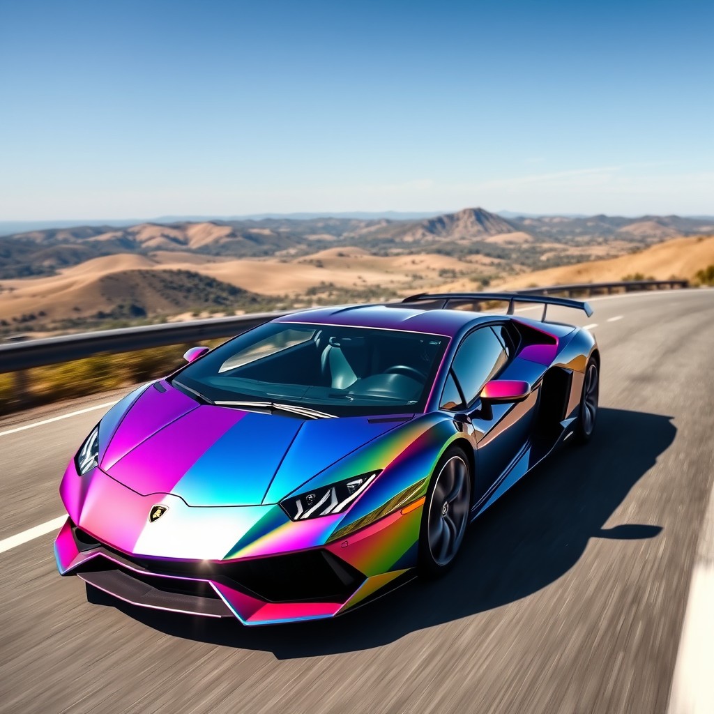 A cool and shiny rainbow-colored Lamborghini driving on a scenic road