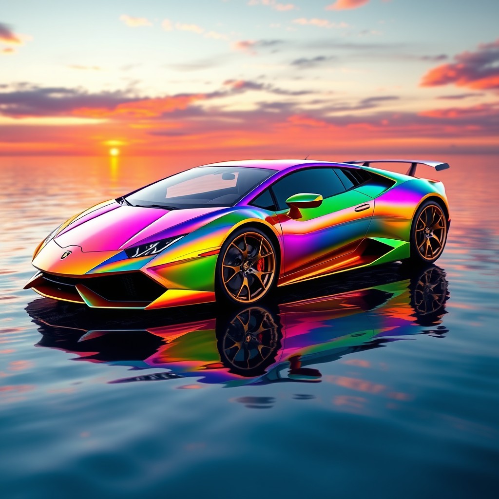 A stunning, shiny Lamborghini covered in a mesmerizing rainbow paint finish, parked elegantly on a calm body of water
