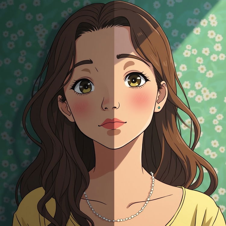 A split image featuring two halves: the left half showcases a photorealistic portrait of Sydney Sweeney, capturing her natural beauty and intricate details of her expression and features, while the right half presents the same scene reimagined in the iconic Studio Ghibli style, incorporating soft colors, whimsical elements, and a dreamy, lush background, emphasizing the enchanting aesthetic typical of Ghibli films