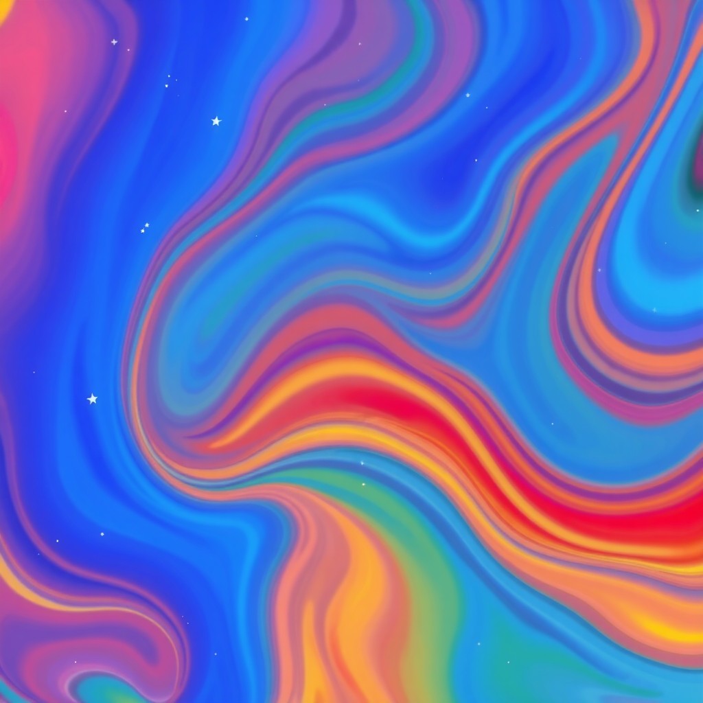 An abstract digital art composition featuring vibrant swirling colors of blue, red, yellow, and green
