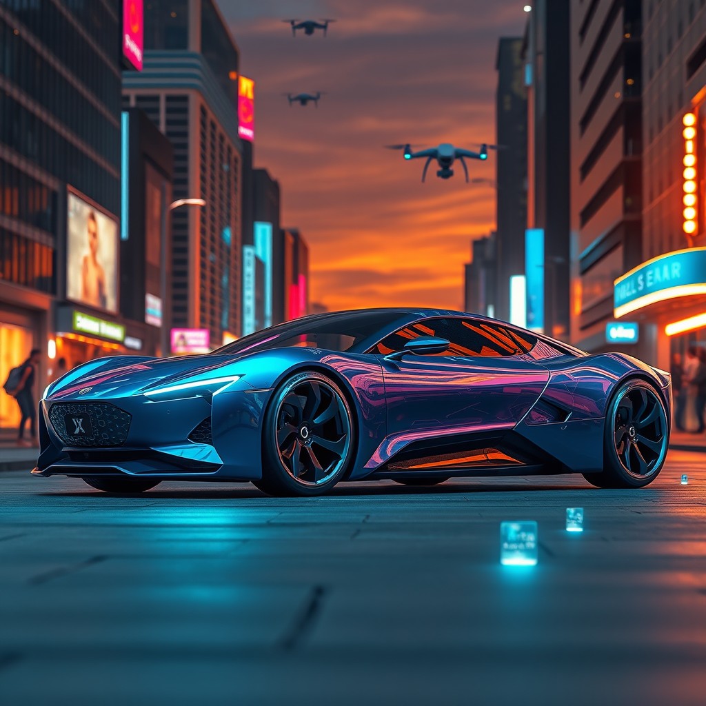 A sleek, futuristic car parked on a futuristic city street, showcasing a bioluminescent design