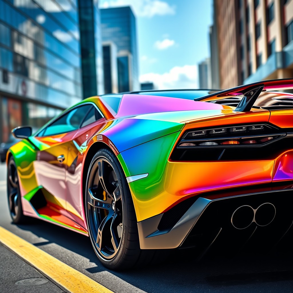 A vibrant, rainbow-colored Lamborghini with a glossy sheen, parked on a sleek urban street