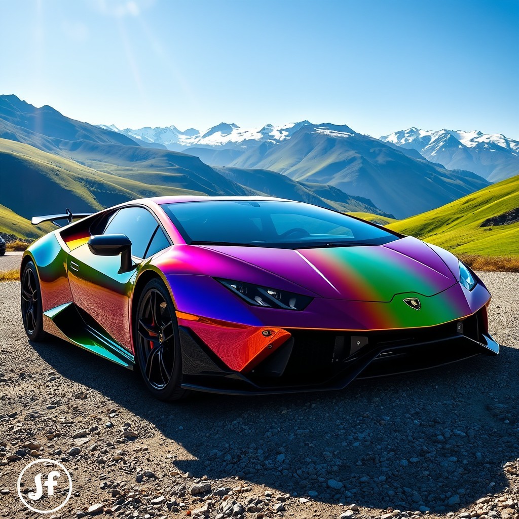 A stunning and vibrant Lamborghini with a cool rainbow shiny finish, parked majestically in the mountains