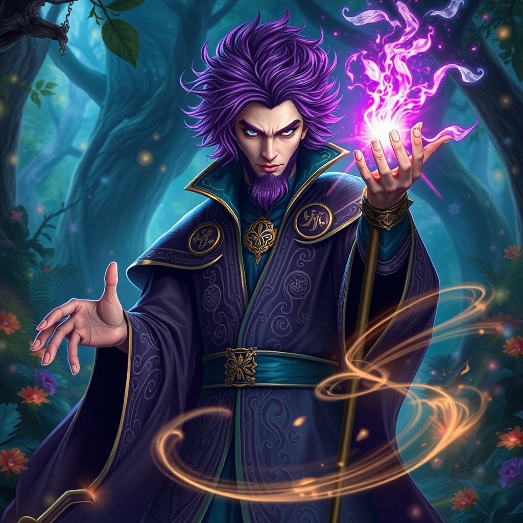 A powerful sorcerer with striking purple hair, dressed in an elegant and intricate robe adorned with mystical symbols and enchanting patterns