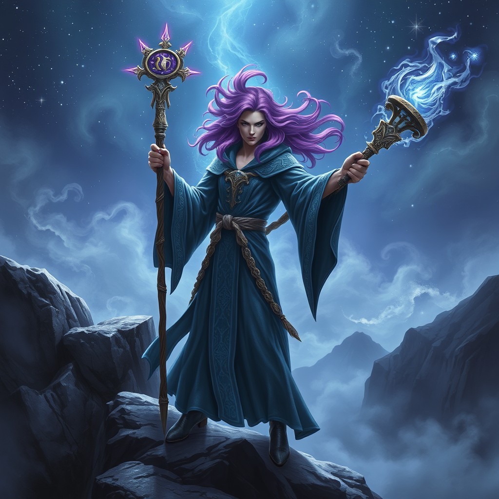 A powerful sorcerer with vibrant purple hair, wielding a magical staff adorned with glowing runes