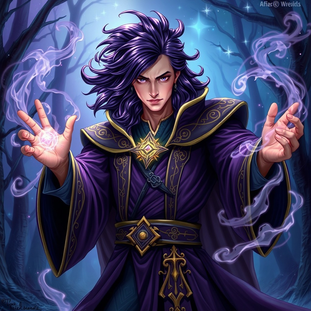 A powerful sorcerer with striking purple hair, wearing ornate robes adorned with mystical symbols and glowing accents