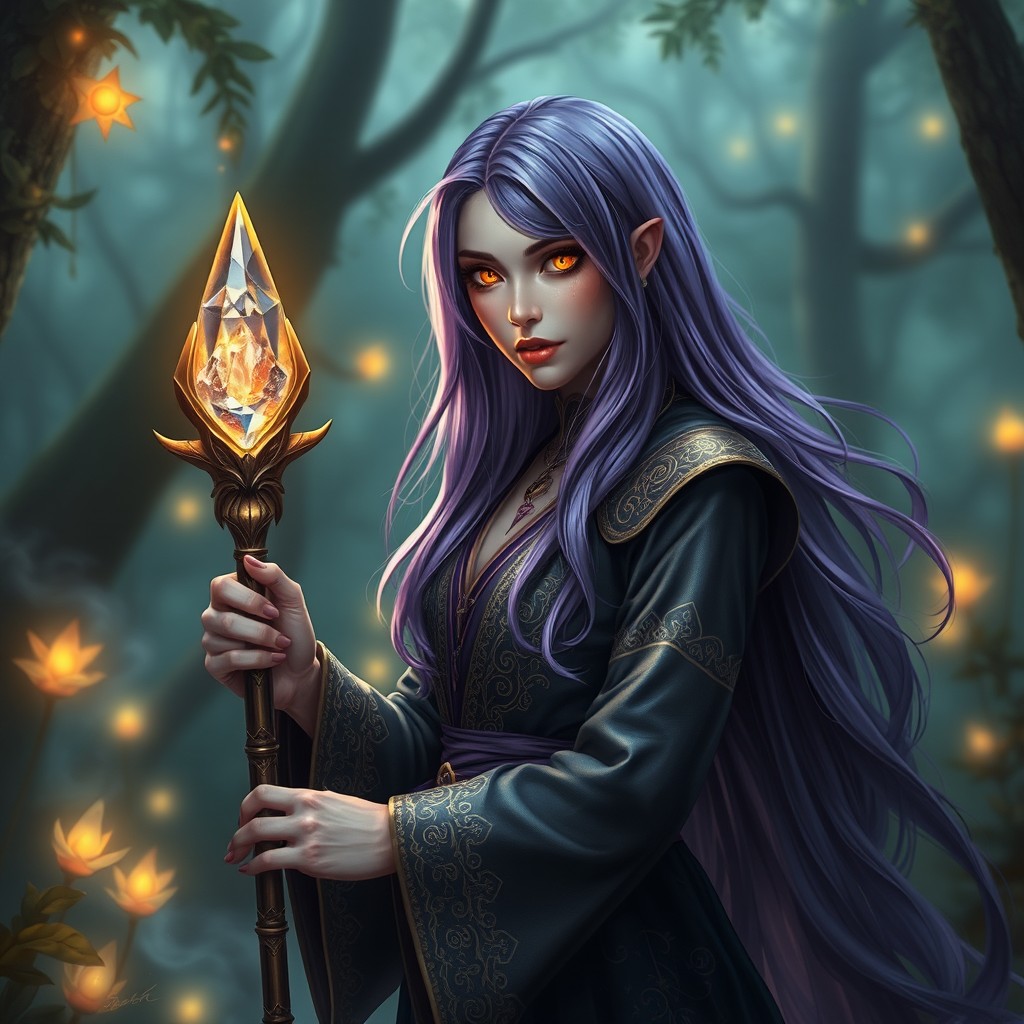 A captivating female sorcerer with long, flowing purple hair that cascades down her back