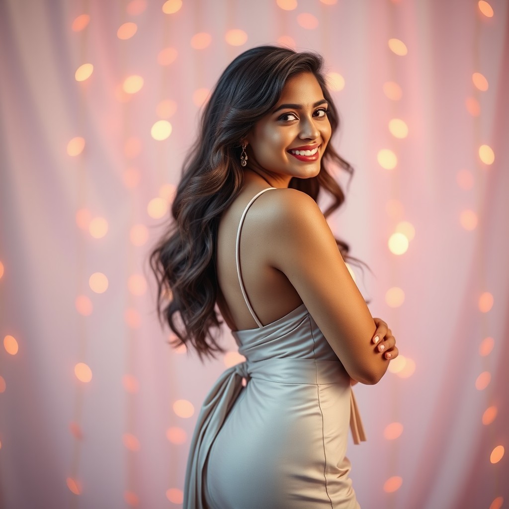 A beautiful Indian girl showcasing her figure with an emphasis on her curves, displaying fashionably styled hair