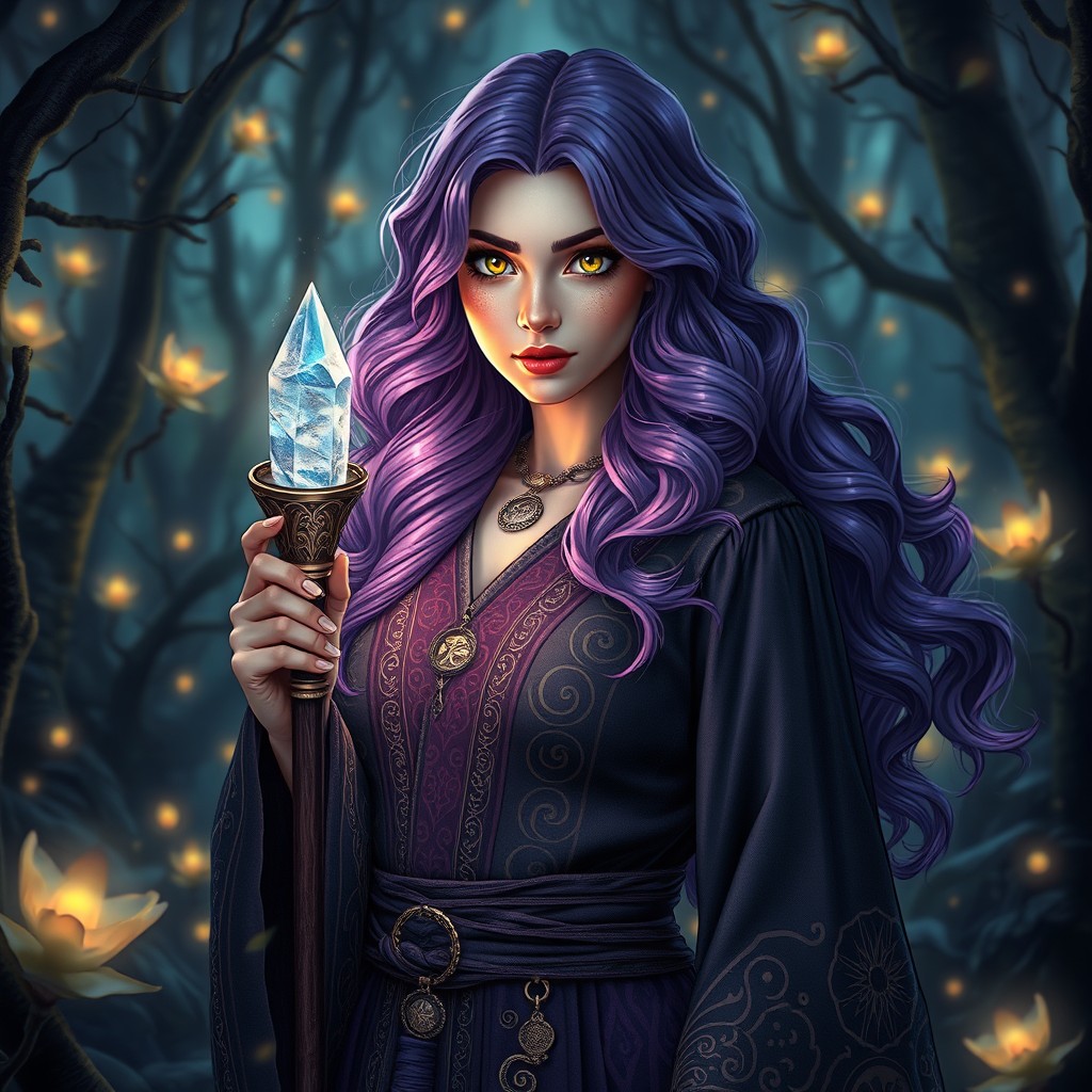 A mesmerizing female sorcerer with wavy purple hair that flows elegantly around her shoulders and down her back