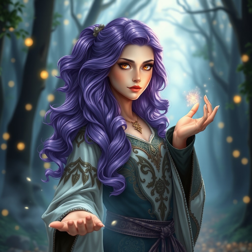 A full body portrait of a female sorcerer with wavy purple hair cascading down her back