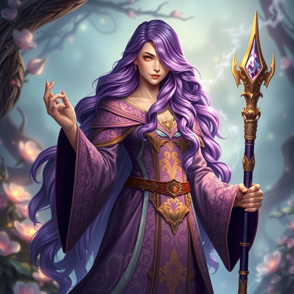 A stunning full-body depiction of a female sorcerer with long, wavy purple hair cascading beautifully around her shoulders