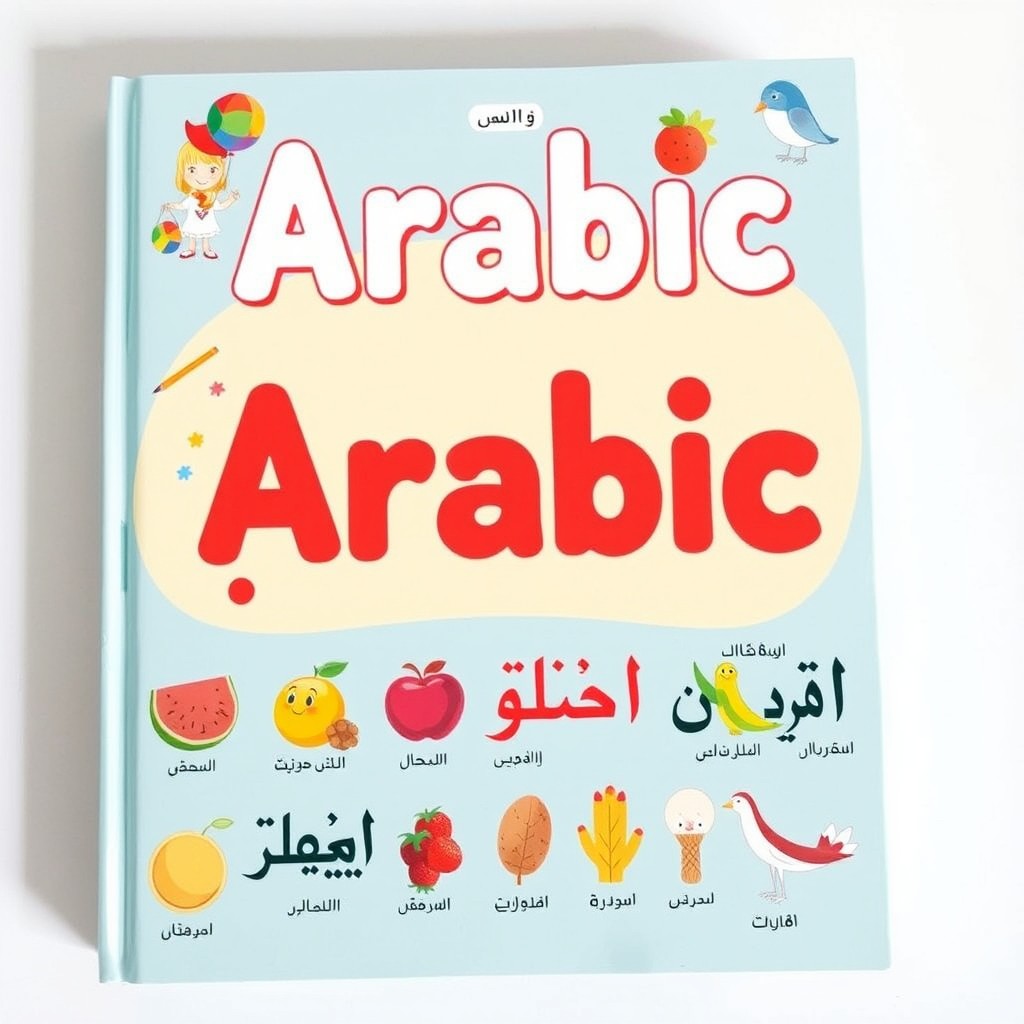 An engaging and colorful children's book cover designed for Arabic language beginners, featuring a vibrant illustration that showcases various objects like an Arabic alphabet chart, playful cartoon characters interacting with the letters, and visually appealing images of fruits, animals, and everyday items labeled in Arabic