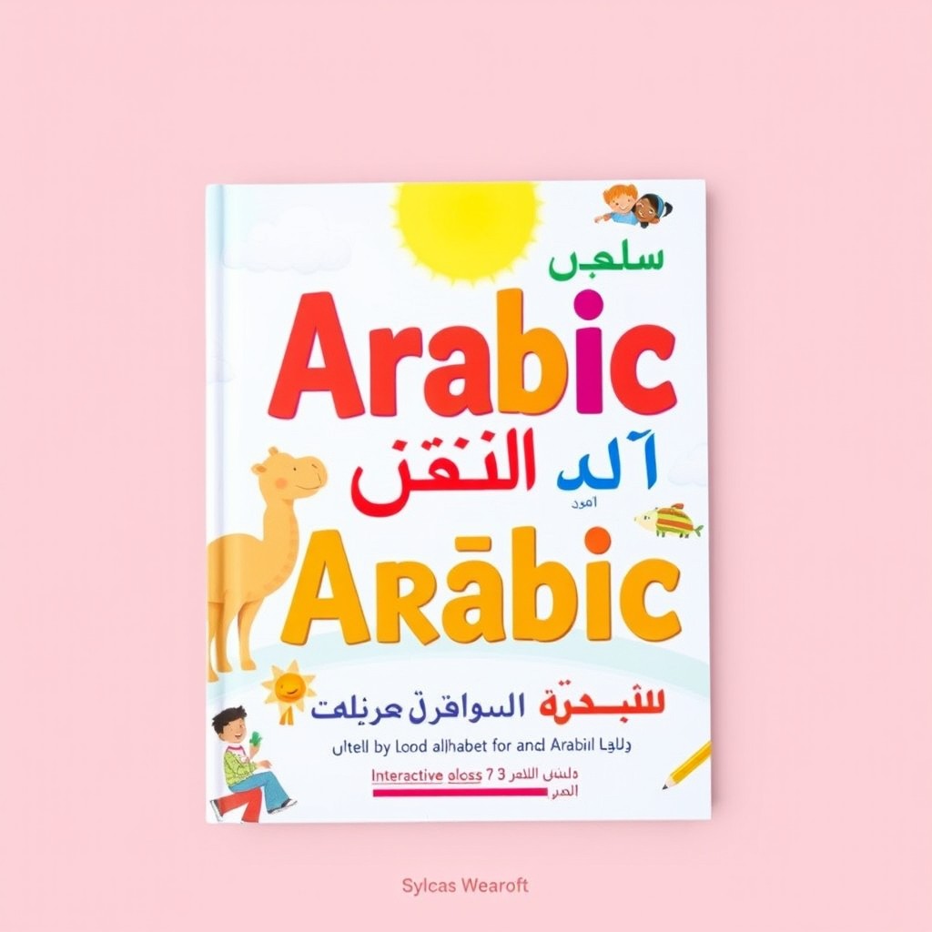 An engaging children's book cover featuring colorful and imaginative illustrations of Arabic letters, playful animals, and vibrant scenes from various Arab cultures