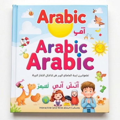 Whimsical Children's Book Cover: Explore Arabic Letters with Fun Characters