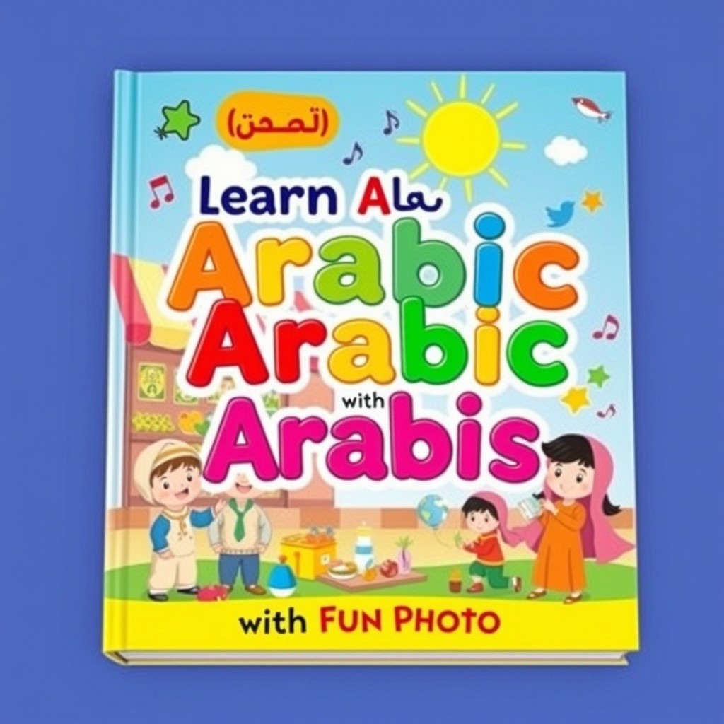 A colorful and engaging children's book cover designed to help beginners learn the Arabic language through photographs