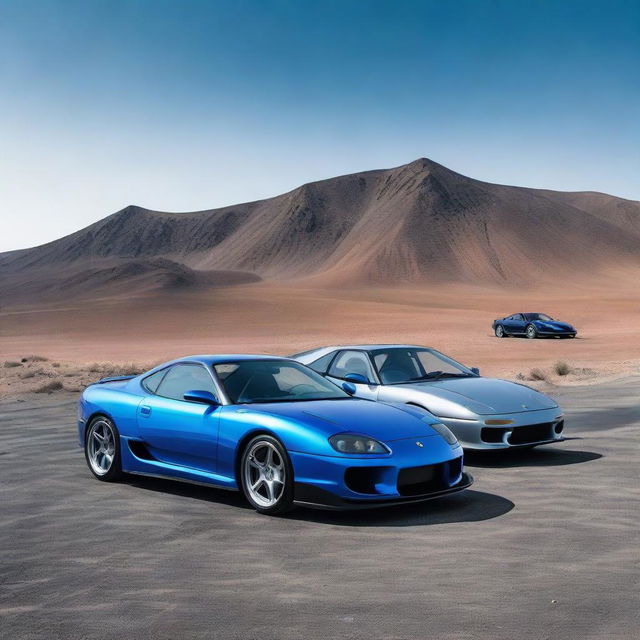 A blue MK4 Toyota Supra and a black Ferrari F40, both iconic sports cars of their era, dramatically situated on the stark lunar landscape under an ethereal blue sky