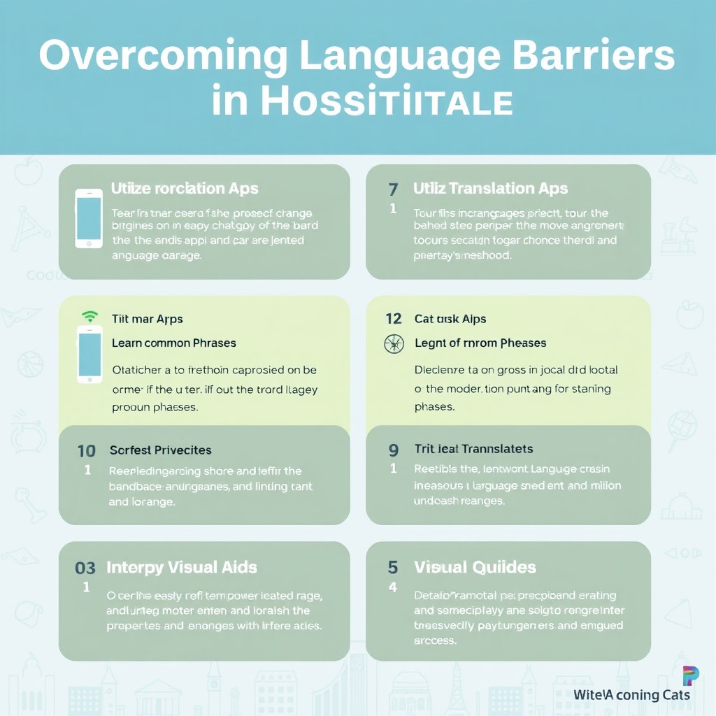 An infographic titled "Overcoming Language Barriers in Hospitality" designed for hotel front desk staff