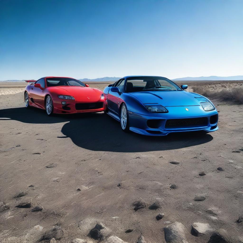 A blue MK4 Toyota Supra and a black Ferrari F40, both iconic sports cars of their era, dramatically situated on the stark lunar landscape under an ethereal blue sky