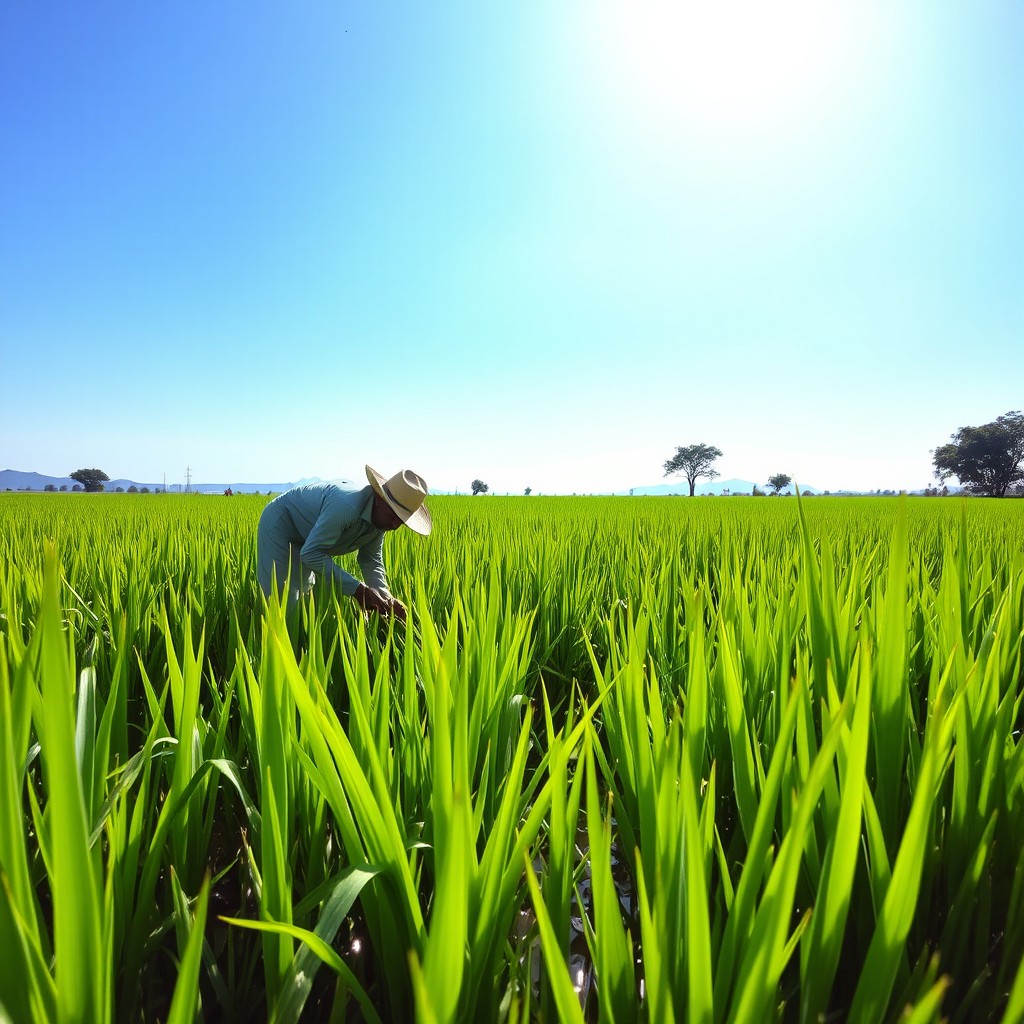 A lush, fully grown rice field under a bright blue sky, with a farmer working diligently among the tall green stalks
